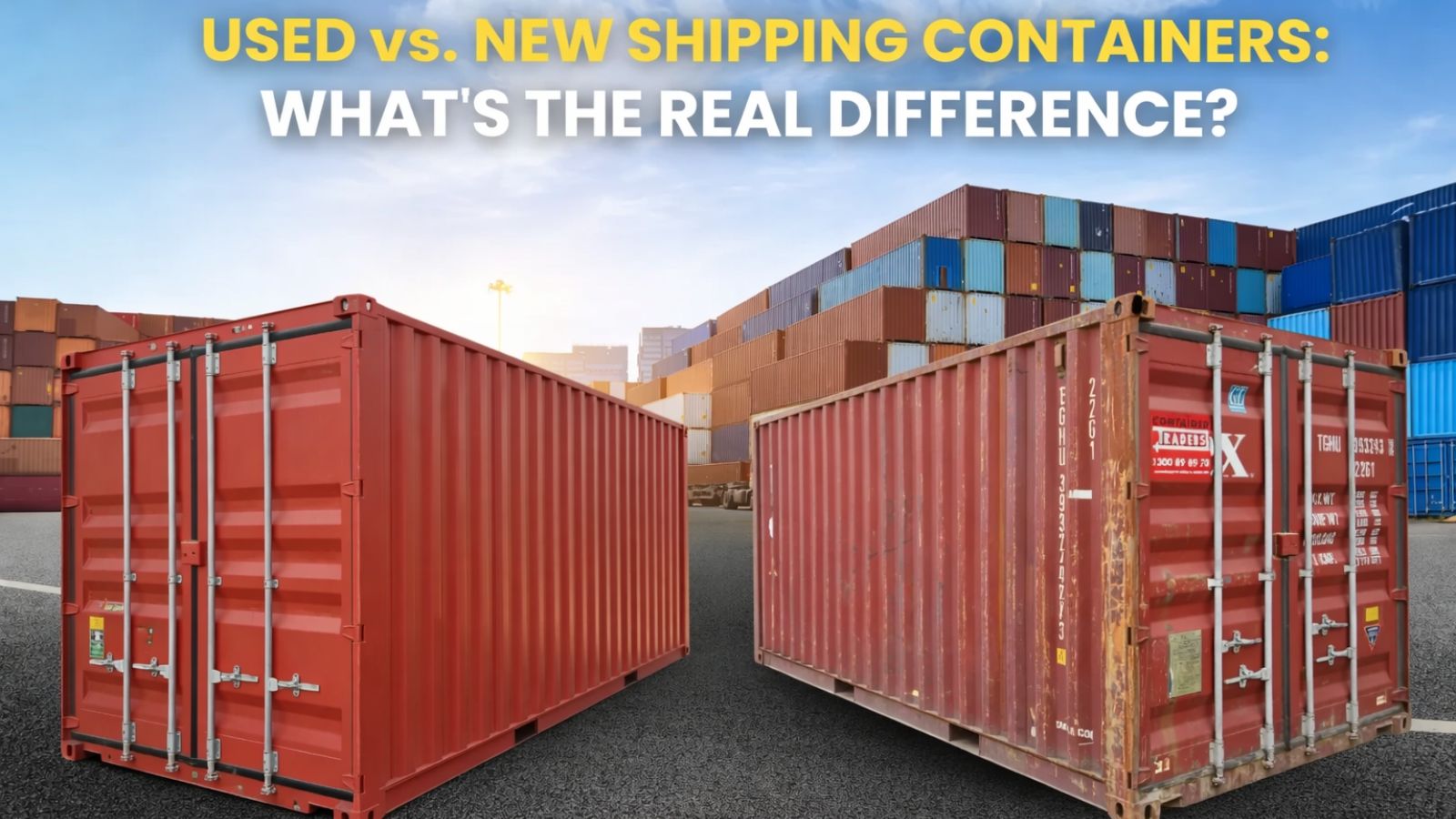 new and used red shipping containers compared side by side
